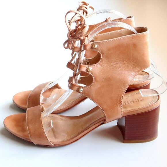 SCHUTZ Tan Leather Block Heel Open Toe Lace-up Gladiator Sandals Summer Shoes - Picture 12 of 14